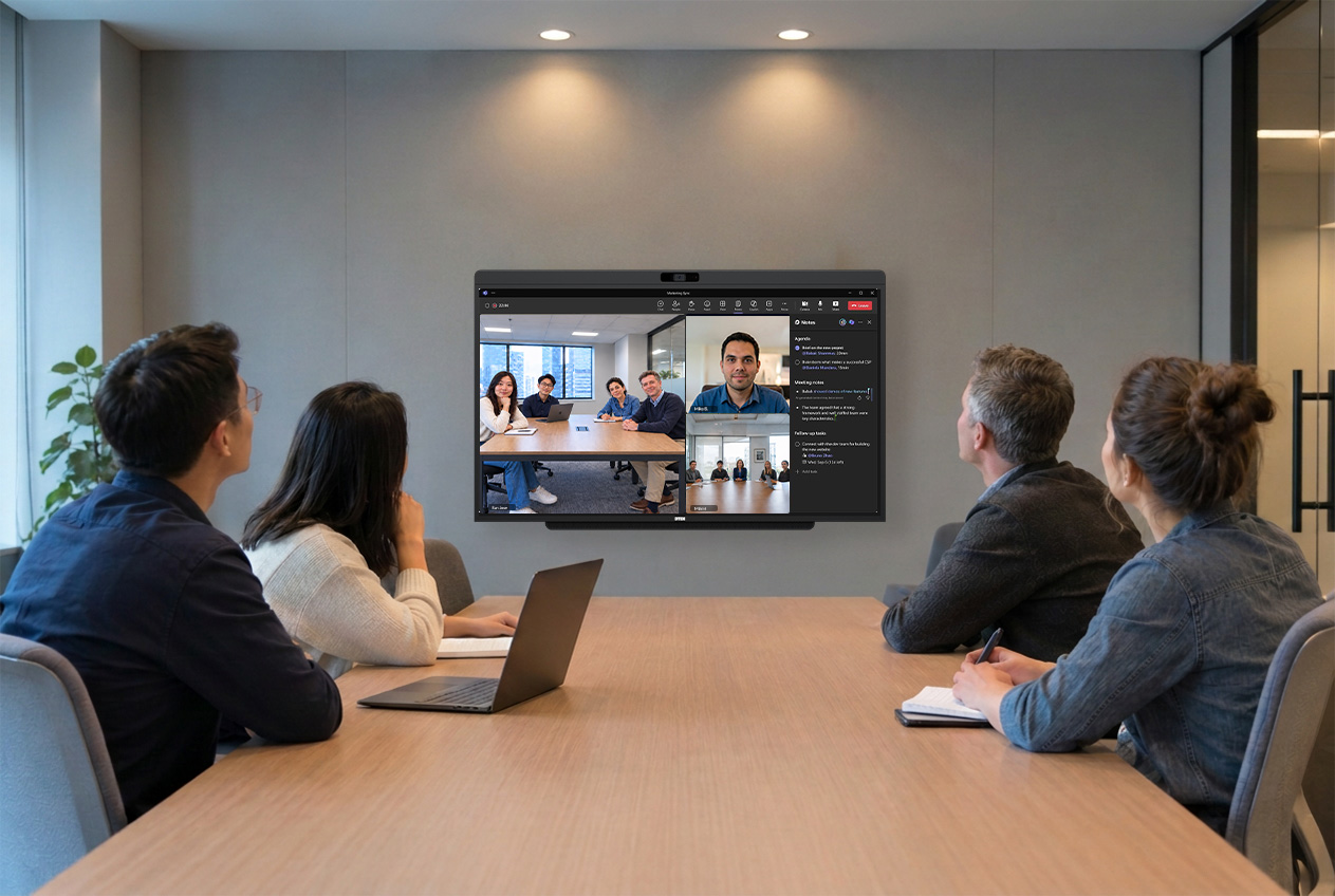 The same meeting room with the DTEN D7X AI Board: each person framed individually in Teams