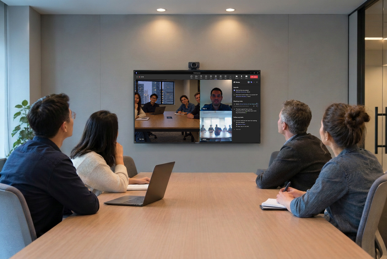 The same meeting room with a generic room camera: remote participants share one wide frame