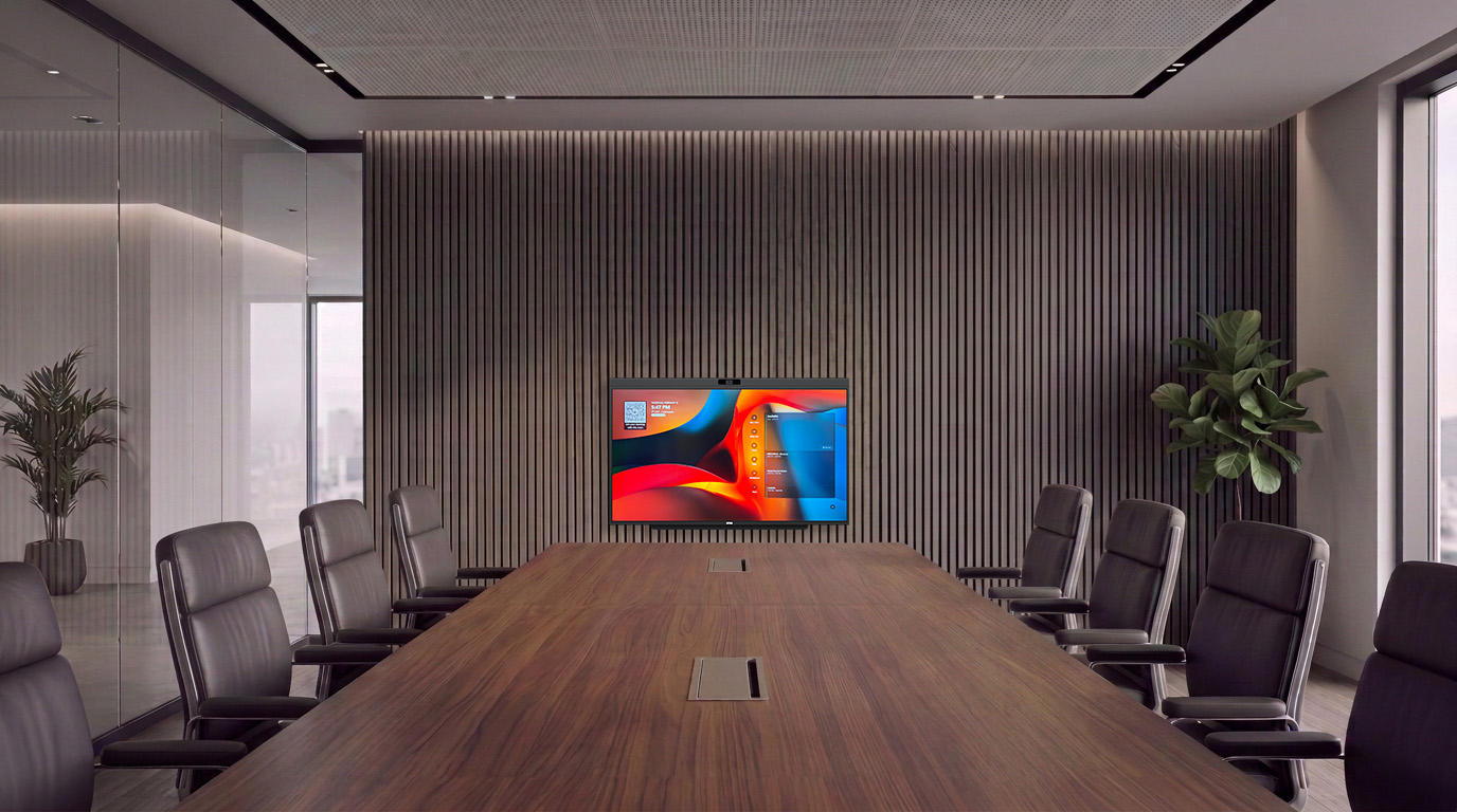 The same boardroom with a DTEN D7X AI Board on the wall