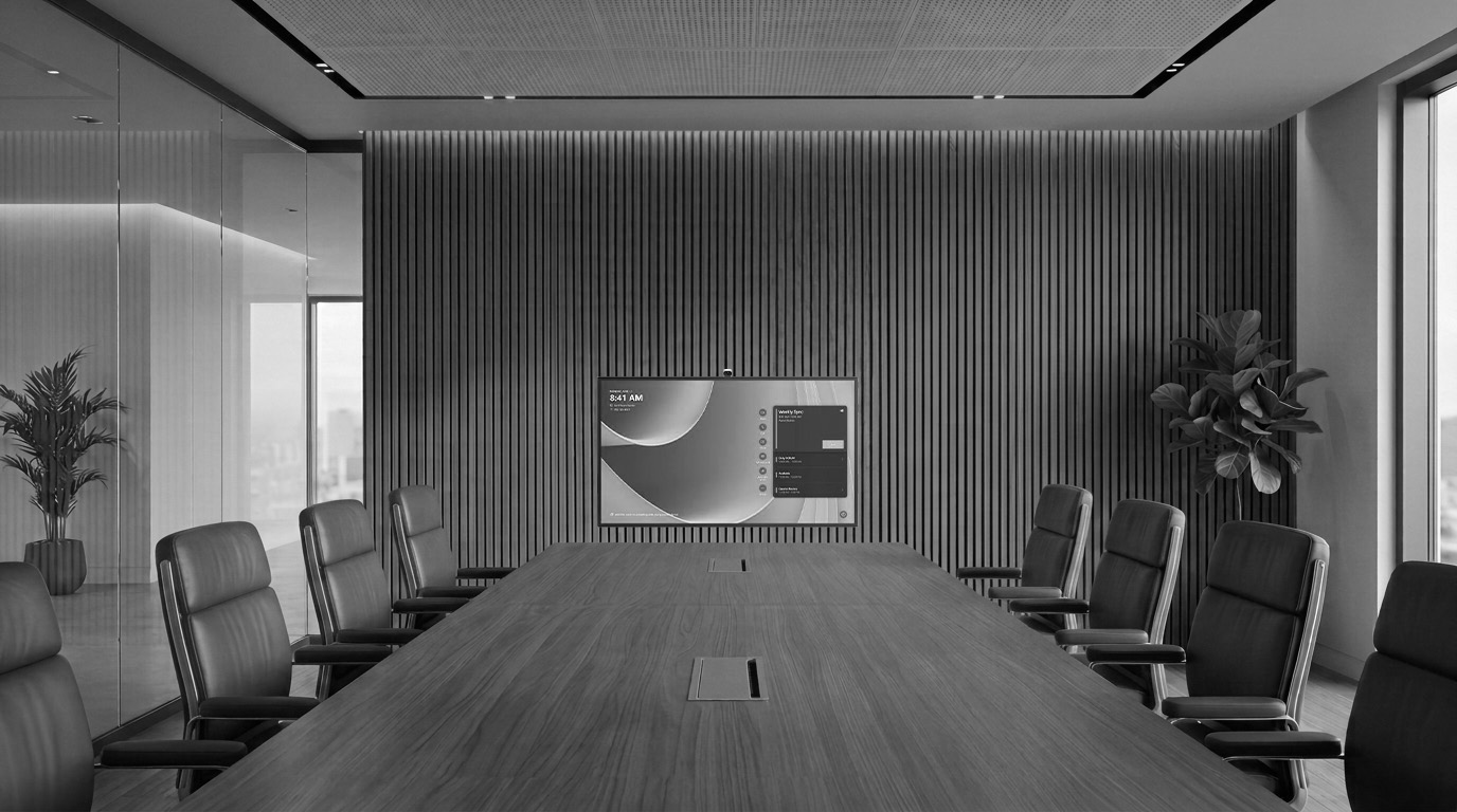 Boardroom with a Surface Hub on the wall, shown desaturated