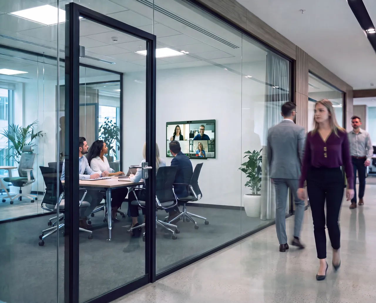 Person walking past glass office wall