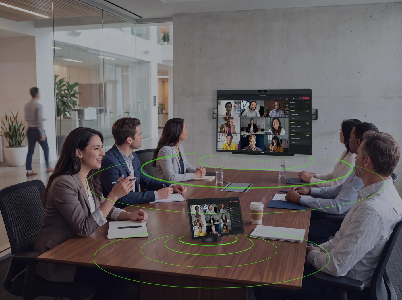 DTEN room system demonstrating the whole table is heard.