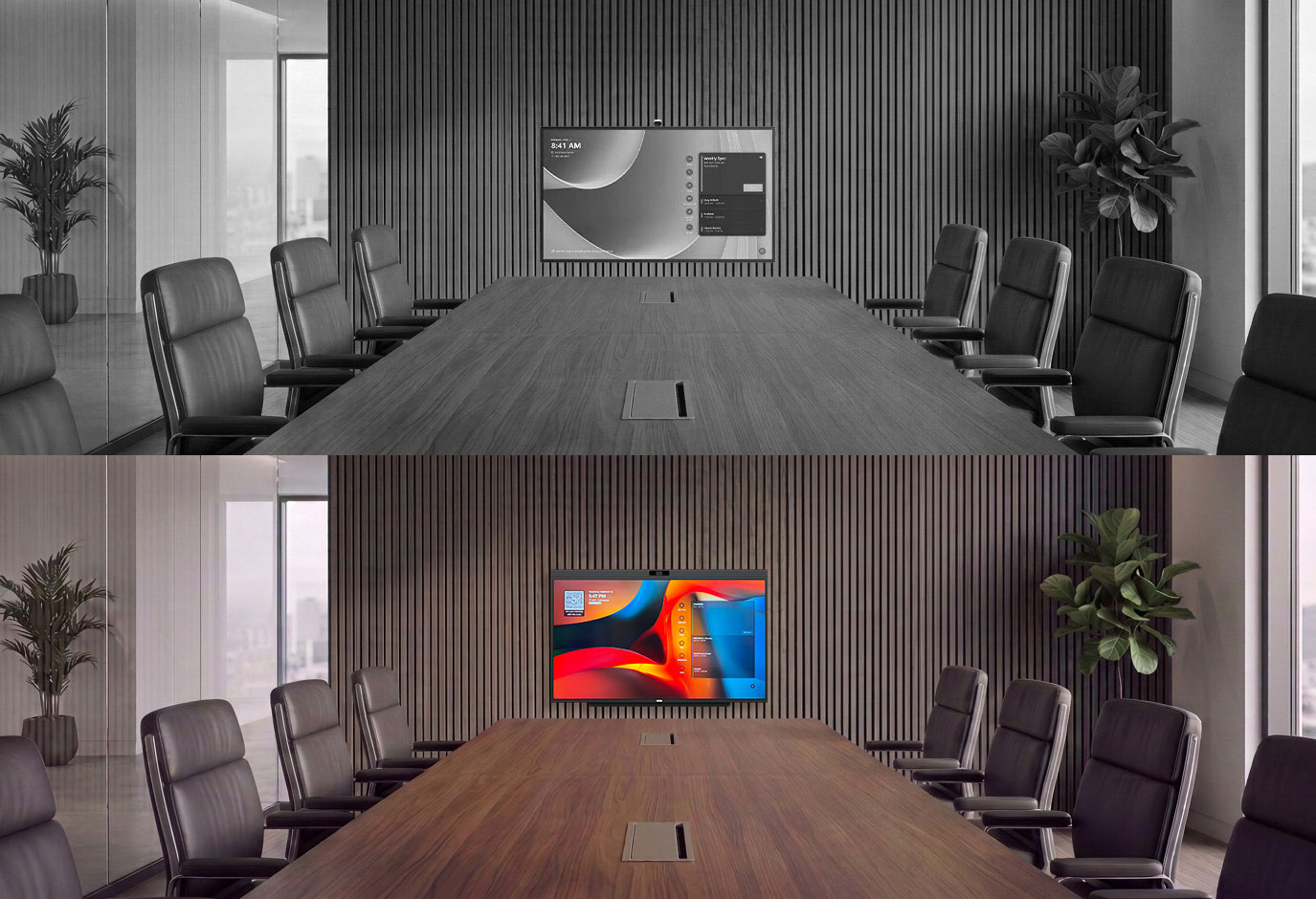 Side-by-side comparison: desaturated Surface Hub above versus DTEN D7X AI Board in full colour below, in the same boardroom